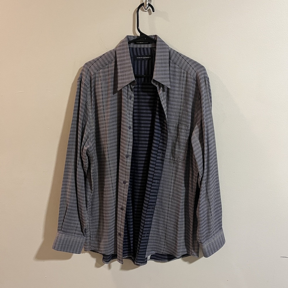 Vtg Jhane Barnes Mens Dress Shirt Geometric Striped Large Buttoned Brown Gray